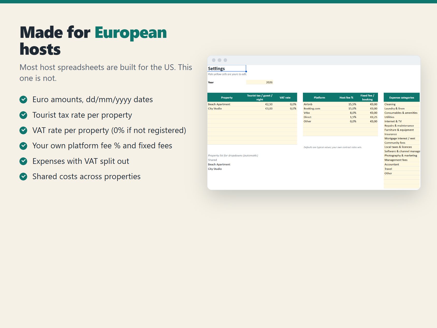 Settings for EUR, VAT and tourist tax per property