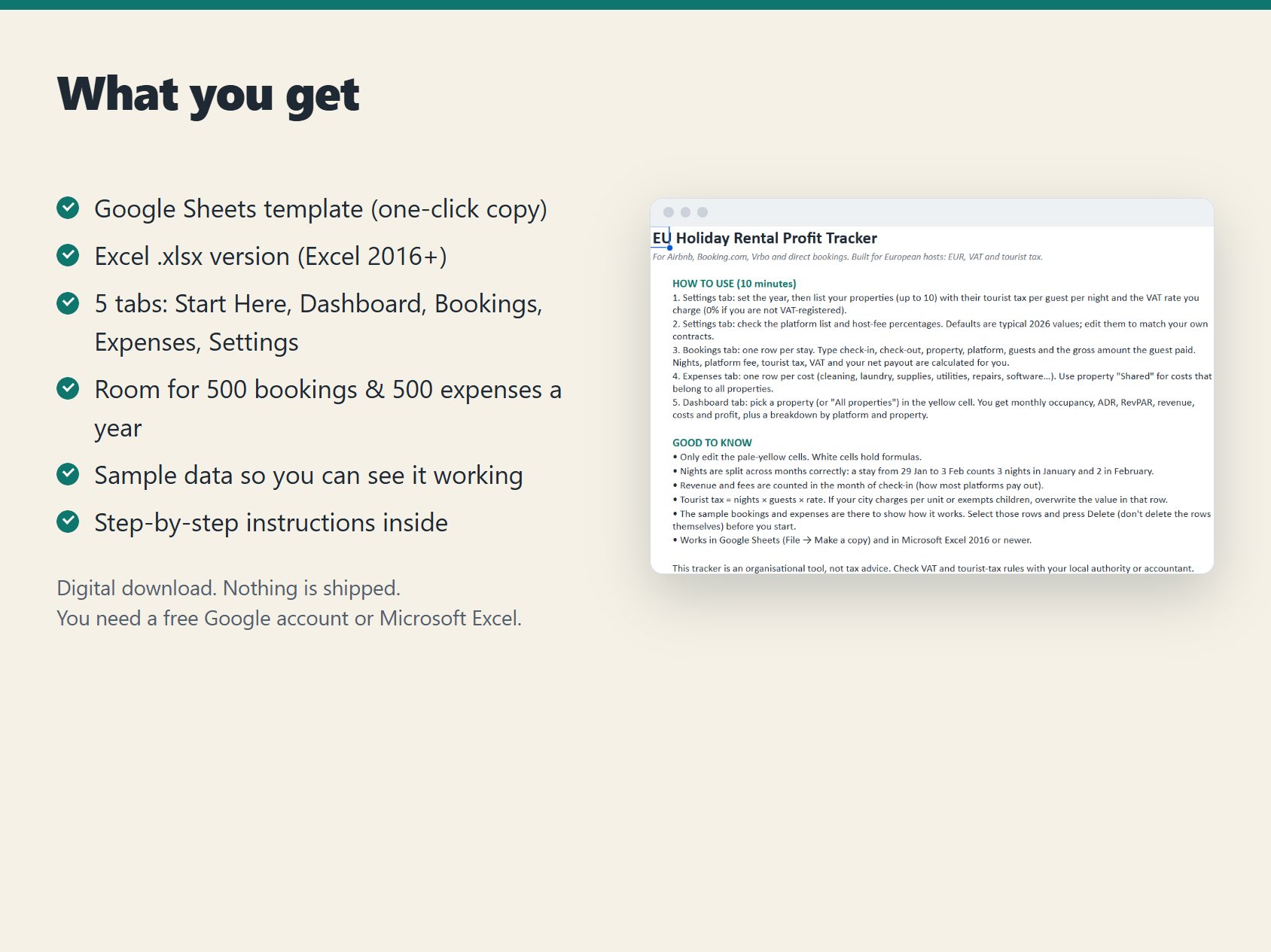What is included: Google Sheets copy link, Excel file, 5 tabs, instructions