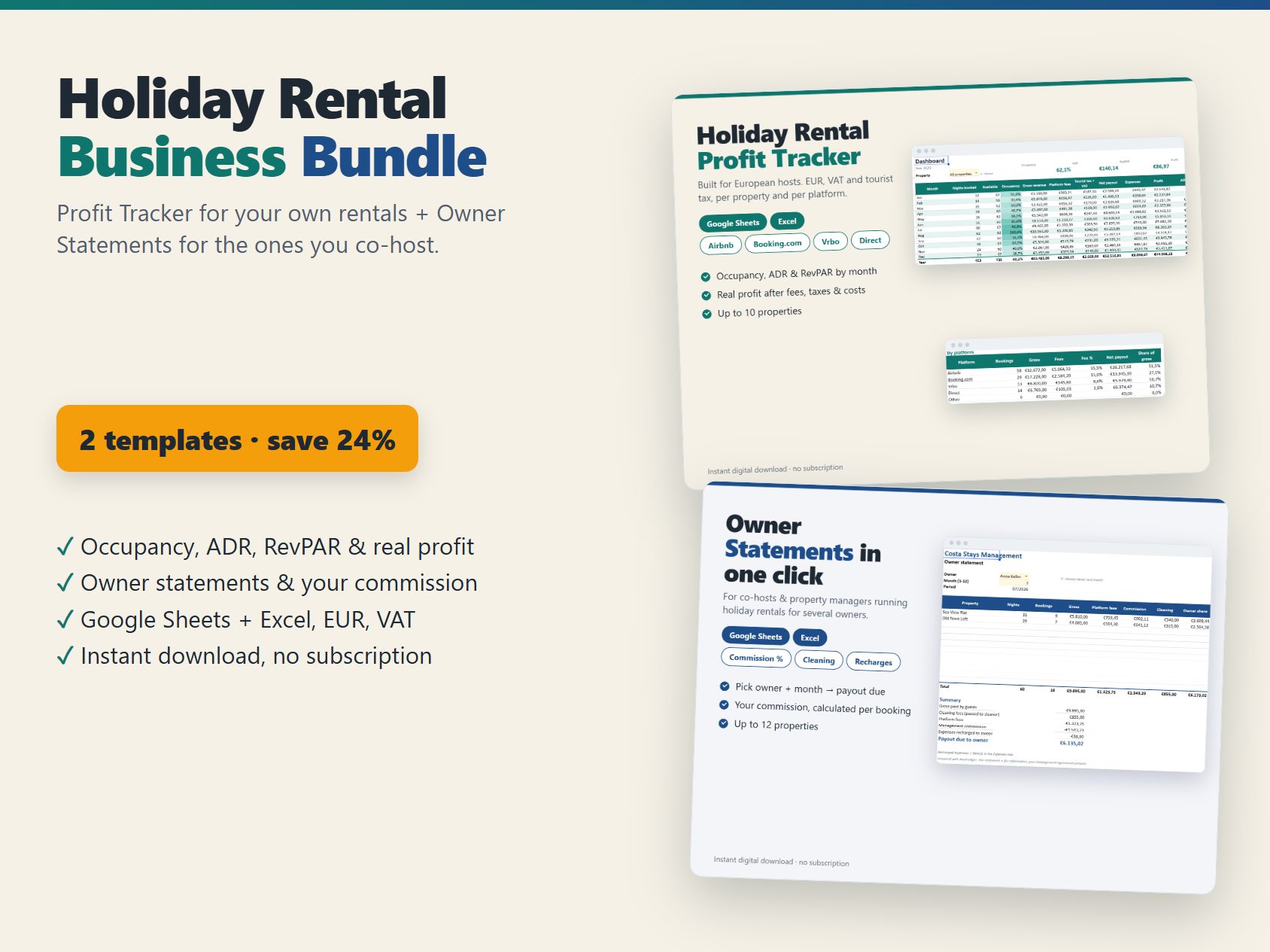 Holiday rental business bundle: profit tracker plus owner statements