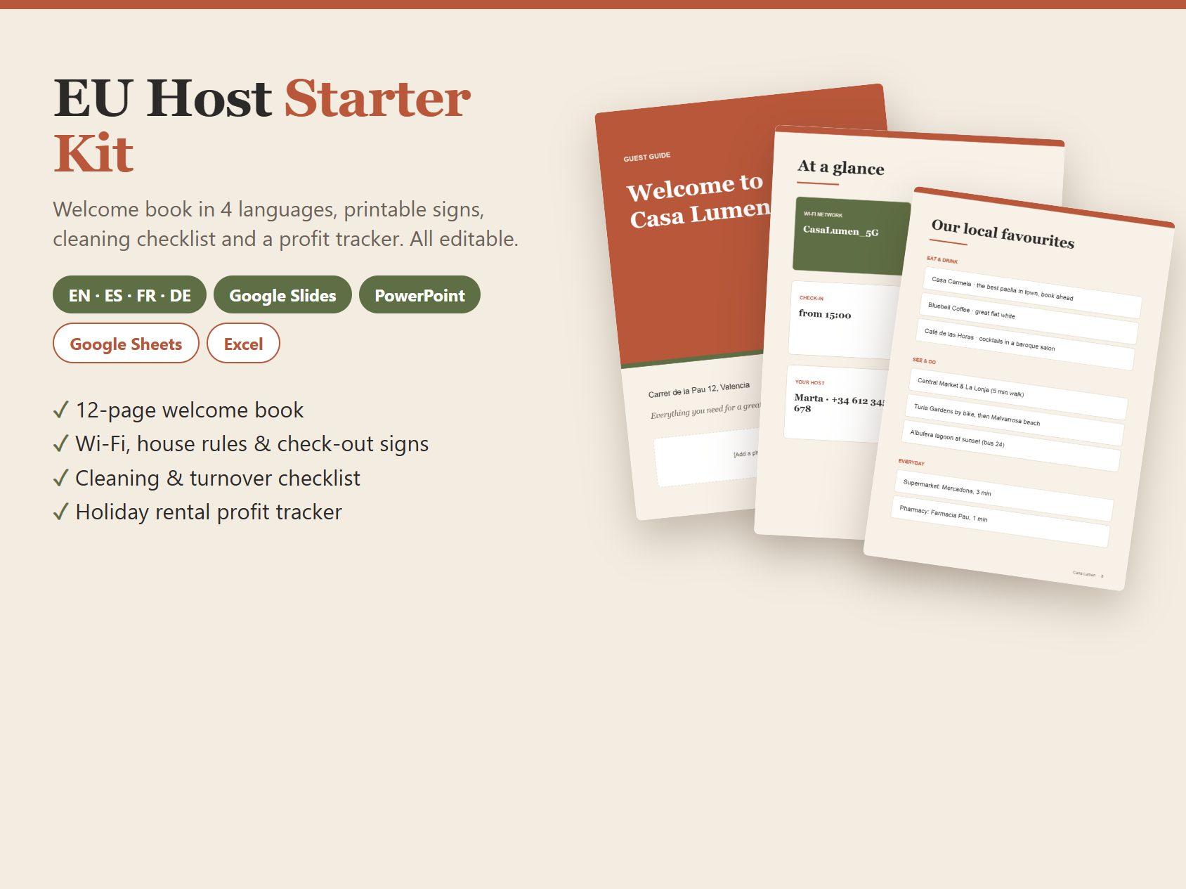 EU Host Starter Kit: welcome book pages, signs and checklists