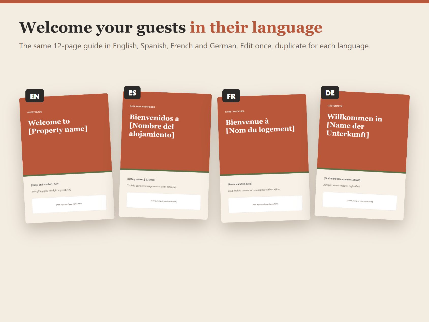 Welcome book covers in English, Spanish, French and German