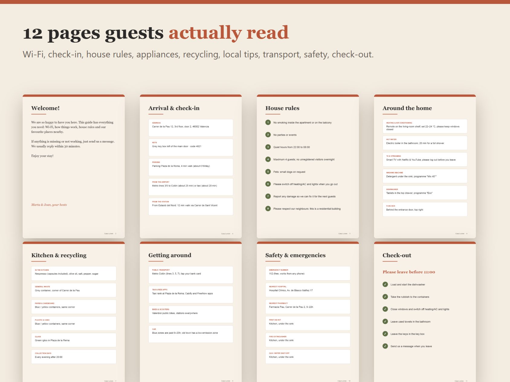 Twelve welcome book pages: arrival, house rules, appliances, recycling, local tips, safety, check-out