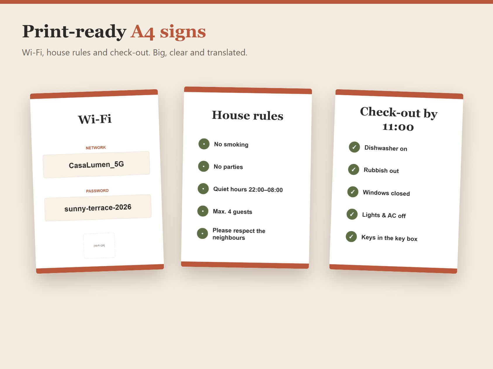 Printable A4 Wi-Fi, house rules and check-out signs