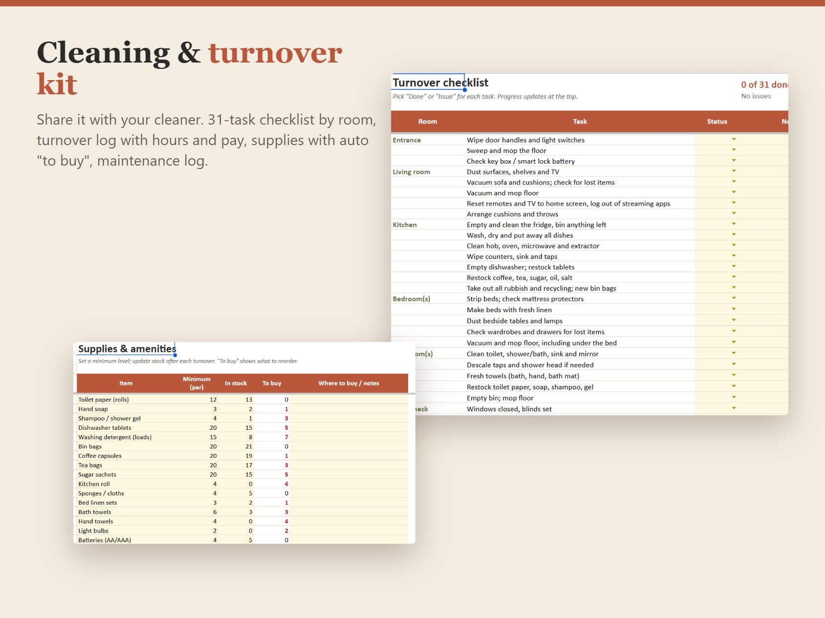 Cleaning and turnover checklist in Google Sheets