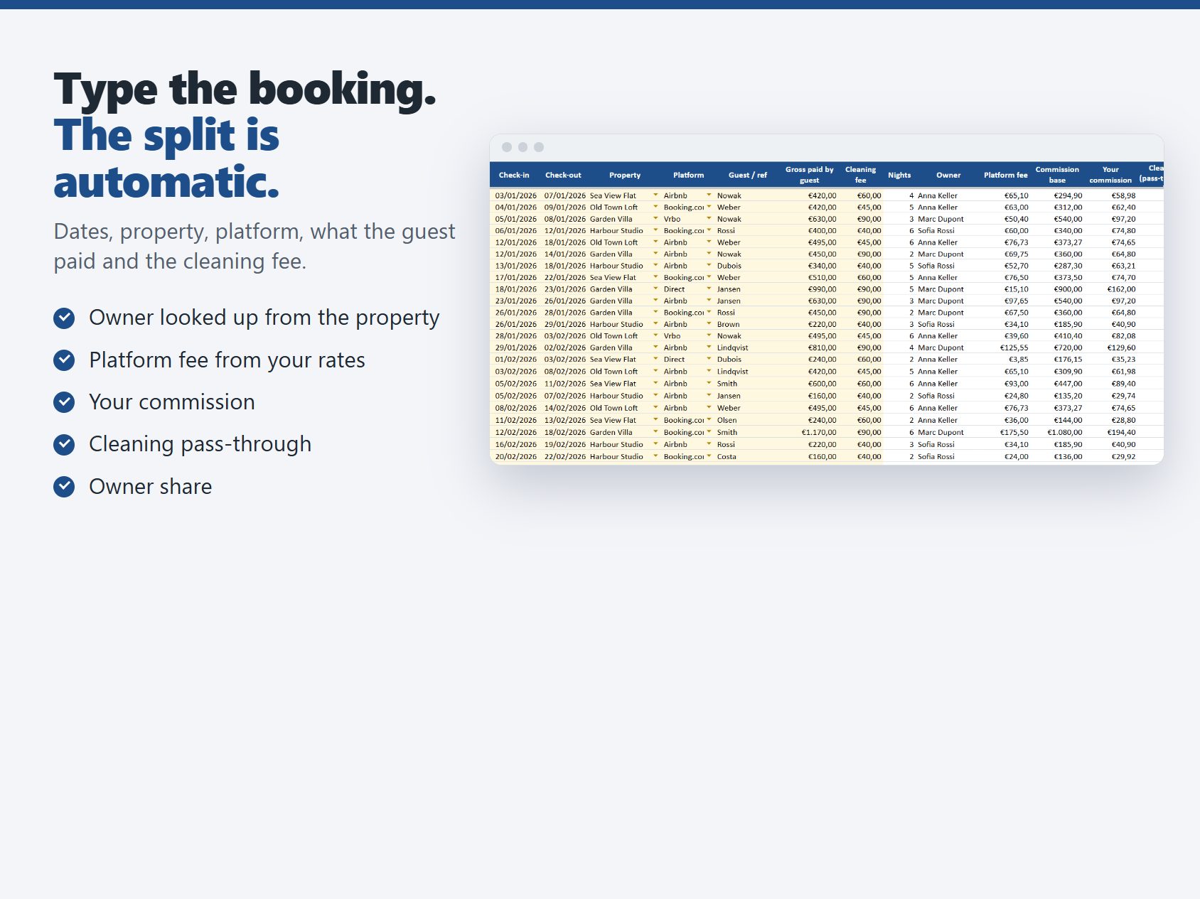 Bookings tab: owner, platform fee, commission and owner share calculated per booking